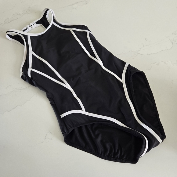 MIRACLESUIT Line Up One-Piece Swimsuit Sculpting High-Neck Black White Piping - Picture 2 of 11